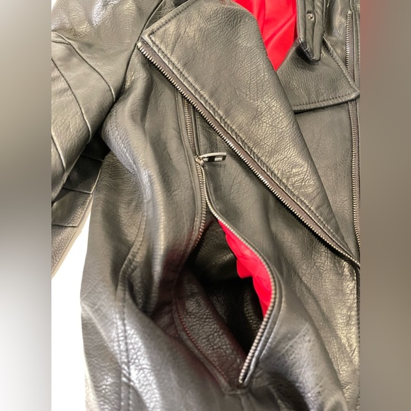 Black, structured, vegan leather moto jacket with red lining; size M - Picture 8 of 9
